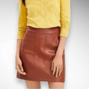 LOFT Women's Brown Faux Leather Fully Lined A-Line Mini Skirt Sz. 8 Petite | EUC